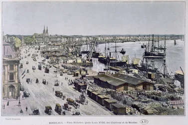 Veduta del porto di Bordeaux con Place Richelieu e i Quais Louis XVIII, des Chartrons e de Bacalan, fine XIX secolo
